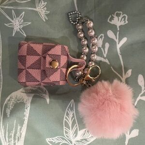 Pink Geometric Keychain with Pom Pom
